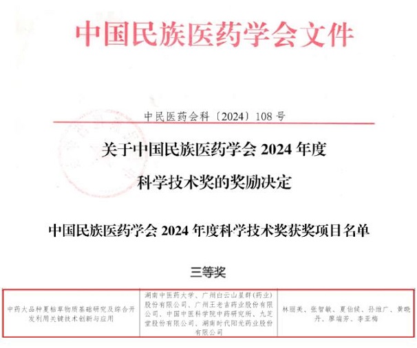 喜訊！白云山星群榮獲中國民族醫(yī)藥學(xué)會(huì)科學(xué)技術(shù)獎(jiǎng)三等獎(jiǎng)